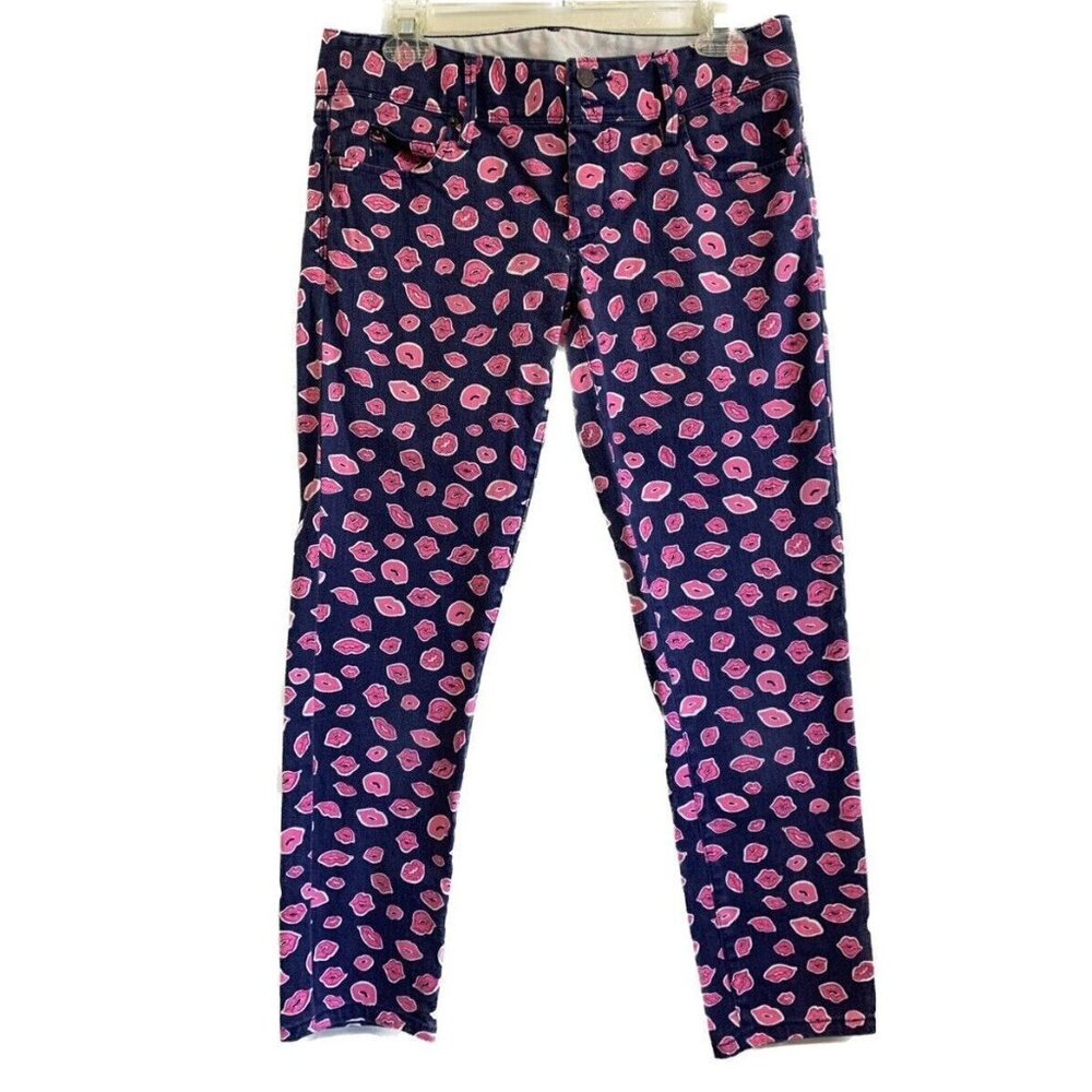 Lilly Pulitzer Bocce Worth Skinny Mini Jeans Size 4 Navy Pink Lips Print Flirty